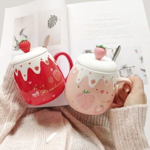 NEW YEARNEW Creative Cute Mug Coffee Milk Water Pink Girls Heart Cartoon Ceramic Cup with Lid Spoon Gifts kawaii mug