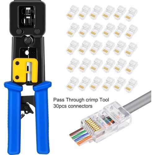 CNCOB RJ45 Crimp Tool Pass Through Crimping Tool for RJ45/RJ12/RJ11 + 30pcs Cat5e Perforated cable connectors