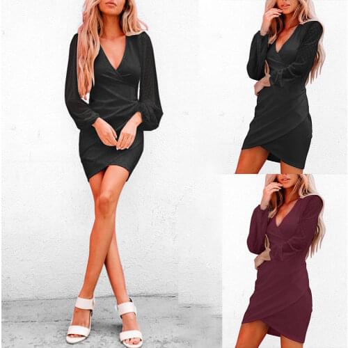 Solid Color Ladies Mini Bodycon Dress Sexy Office Ol Dress For Women Long Sleeve Deep V Neck Party Club Trumpet Shift Dress D30