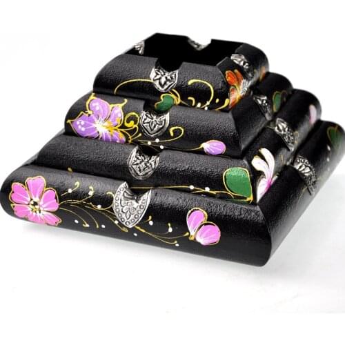 Thai Style Handicraft Wooden Creative Ashtray Square Solid Wood Painted Flower Ash Collector Smokig Tray Desktop Decor Accessory