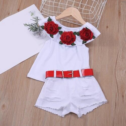 2-6Y Infant Kids Clothing Girl Clothes Sets 2021 Summer fashion Off Shoulder 3D Rose Flower Cotton Top Skirt Outfit Set