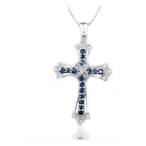 Natural blue sapphire gem Pendant natural gemstone Retro mysterious energy cross pendant S925 silver girl party gift jewelry