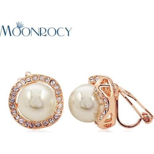 MOONROCY Rose Gold Color CZ Imitation Pearl Earrings Clip for Women Dropshipping Jewelry Earrings Silver Color Wholesale Gift
