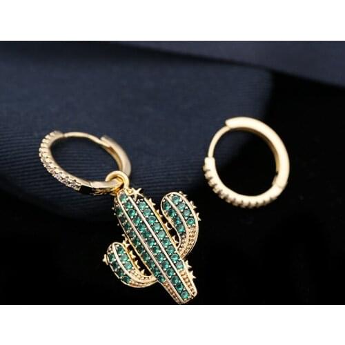 SWOUR New Fashion Jewelry Zirconia Green Cactus Design Mismatched Small Circle Round Huggie Stud Earrings Femme Bijoux S599