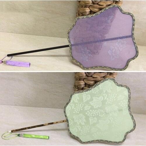 Antique Traditional Chinese Silk Fan Costume Long Handle Dance Hand Fan Round Adult Women Hanfu Cheongsam Decorative Fan