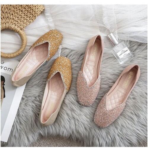 Womens Pink Square Head Flat Shoes Fashion Casual Rhinestone Sequins Low Heel Flat Shoes Slip On Ballet Flats Woman Loafers