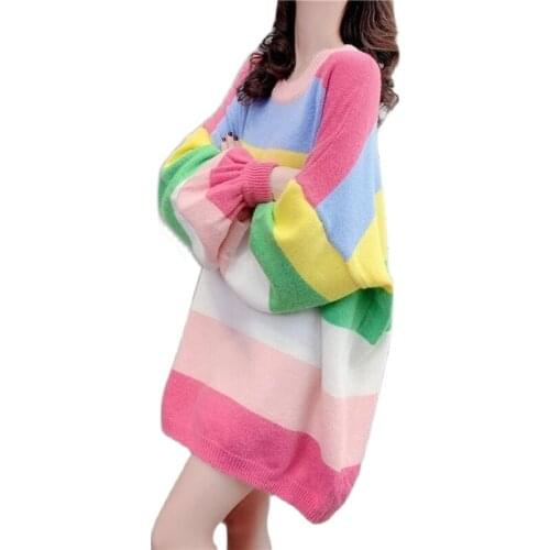 2021 Spring Schoolgirl Oversized Loose Sweaters Korean Y2k Pullover Rainbow Sweater Women Long Sleeved Shirt Casual Clothing