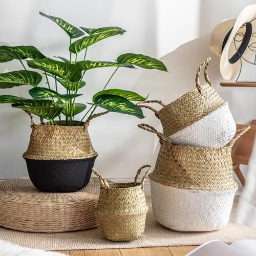 WCIC Handmade Storage Basket Seagrass Woven Plant Flower Pot Laundry Basket Toy Sundries Container Home Organization Decor
