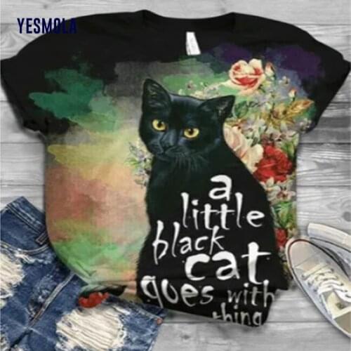 YESMOLA Womens Tshirt Cute Cats Print Cartoon Top Kawaii Summer Harajuku Aesthetic Graphic Tee Oversize Female Clothes