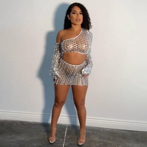 Womens See Through Sexy Off Shoulder T-shirt and High Waist Slim Mini Skirt Clubwear Set Hollow Out Silver Personality Dancer