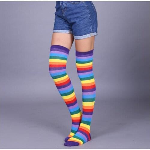 Female Stockings Women Girls Over The Knee Socks Thigh High Rainbow Long Striped Body Tube Socks Woman Socks