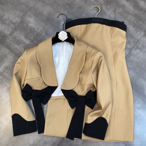 HIGH STREET Newest 2021 Designer Fashion Runway Suit Set Womens Strapless Tube Dress Shawl Collar Blazer 2pcs Set