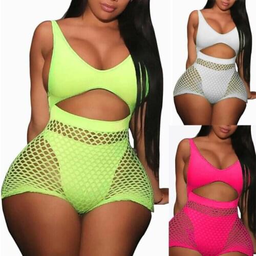 Women Sexy Mesh Fish Net Hollow Selleveless Jumpsuit Romper High Waist Bodycon Playsuit Clubwear Backless V-neck Skinny Rompers