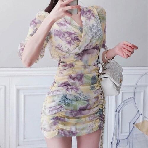 New arrival fashion print party dress women elegant summer sexy v-neck puff sleeve sweet temperament OL chiffon mini dress