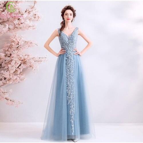 SSYFashion 2019 New Evening Dress Banquet Elegant Grey Blue Lace Flower V-neck Sleeveless Formal Party Gown Robe De Soiree