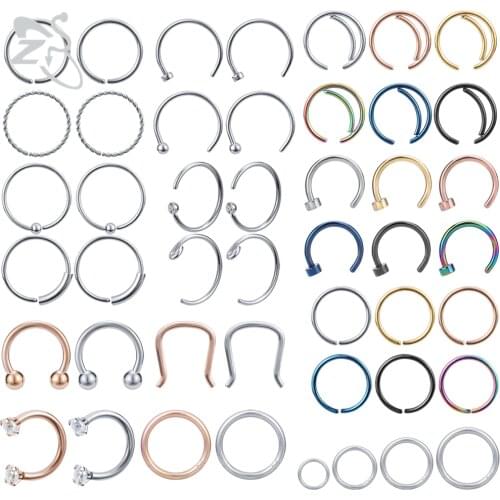ZS 4-16 Pcs/Set Mixed Stainless Steel Nose Rings Nose Piercing Women Men Hoop Septum Ring Ear Helix Cartilage Piercings Jewelry