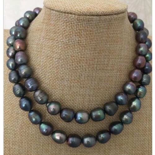 2 strands 12-13mm tahitian black green baroque pearl necklace 18"19" 925s kkk