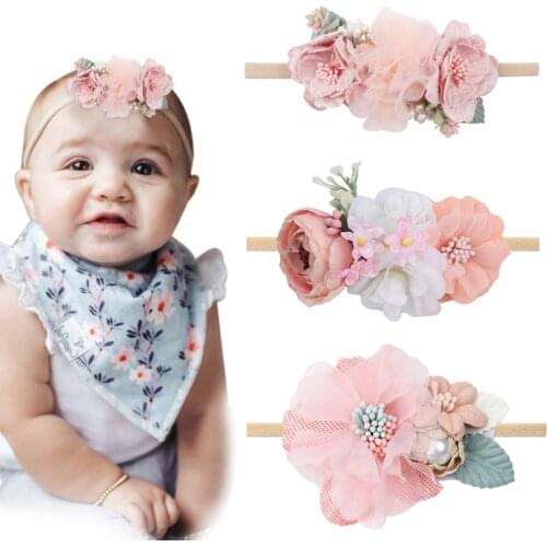 3pcs Baby Pearl Artific Flower Headbands Girls Newborn Hairbands Nylon Elastic Toddler Handmade Floral Infant Hair Accessories