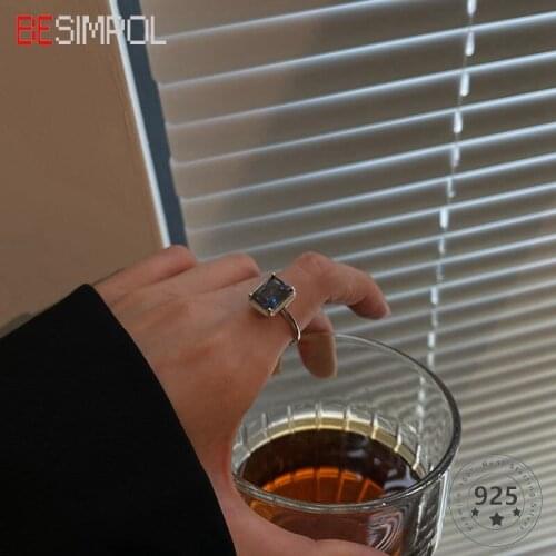 Besimpol Real 925 Sterling Silver Colored Crystal Zircon Ring Fashion Push-pull Adjustable Rings for Women Fine Jewelry Gifts