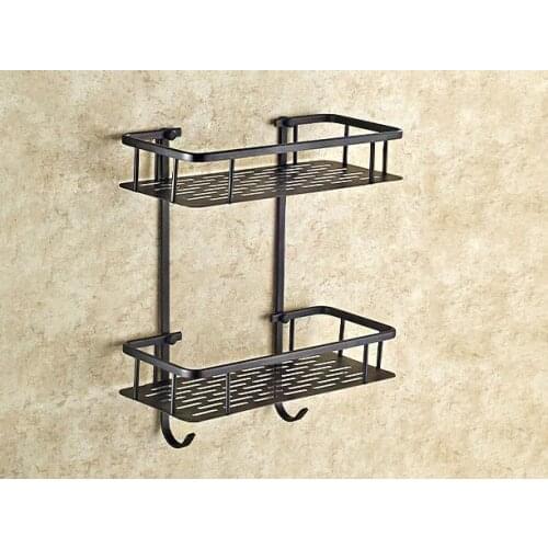 Black Oil Rubbed Brass Wall Mounted Bathroom Dual Tier Shower Shelf Storage Basket With Hooks Bathroom Accessory mba530