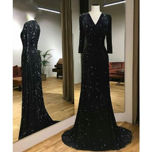 Black Muslim Evening Dresses A-line V-neck Long Sleeves Beaded Elegant Dubai Saudi Arabic Long Formal Evening Gown