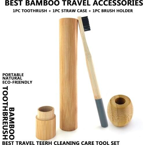 Colorful Column Bamboo Toothbrush Top Flat Portable Travel Set with Bamboo Tube Bamboo Case Natural Wooden Toothbrush Holder