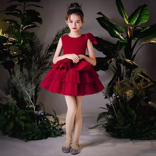 Flower Girl Dresses Illusion Sleeveless Bow O-Neck Lace Princess Knee-Length Luxury Champagne Tulle Elegant Kids Party Gown H408