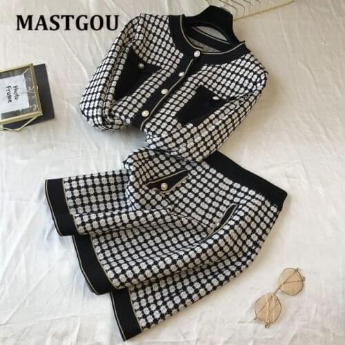 MASTGOU Noble Knit 2 Piece Sets Autumn Women A Line Skirt Suits O Neck Women Cardigan Sweater Tracksuits + Short Mini Skirts