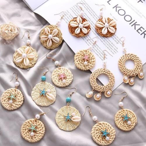 European and American Popular Rattan Strip Woven Earrings for Women with Pearl Drop Oil Starfish Beach Ear Stud earrings