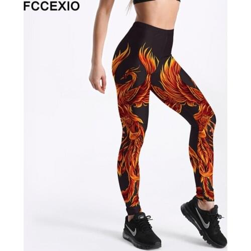 FCCEXIO Whosale Women Workout Leggings High Waist Fitness Legging Fire Phoenix Print Leggins Female Leg Pants Large Size Legging