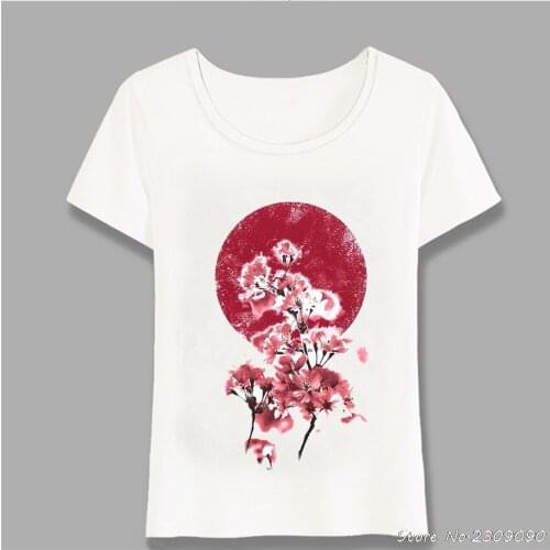 Japanese Cherry Blossom Blood Color Watercolor Painting T-Shirt Summer Fashion Women T-Shirt Casual Tops Girl Tees Harajuku