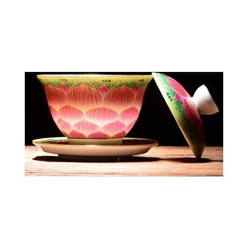 Jingdezhen Ceramic Tea Tureen Enamel Gold Wire Lotus Cover Bowl Chinese KungFu Gaiwan Tea Cup Large Tea Bowl Teaware