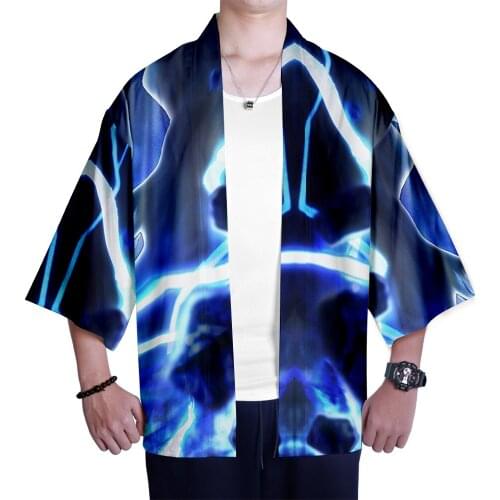 Ghost Blade Casual 3D Kimono Fashion Japanese Kimono Pop Seven-Sleeve Cardigan Autumn Summer Bright Blue Demon Slayer Jacket