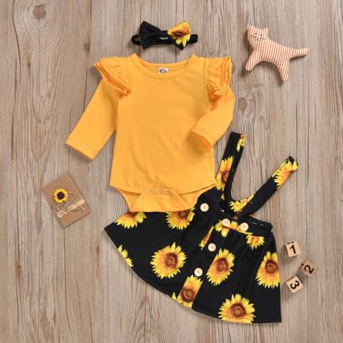 0-24M Newborn Kids Baby Girl 2PCS Sets Floral Sunflowers Clothes Jumpsuit Romper Body Suit Suspenders Skirt Outfit Set Sundress