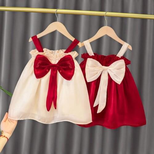 Girls' Gauze Shoulderless Summer Princess Dress With Bow Beige Red Color Silk Slip Dress 1-5T Celebrity Skirt Baby New Clothes
