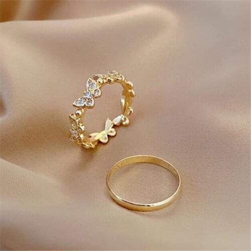 Fashion 2pcs/set Womens Rings Glamour Female Crystal Butterfly Index Finger Ring Cocktail Party Jewelry