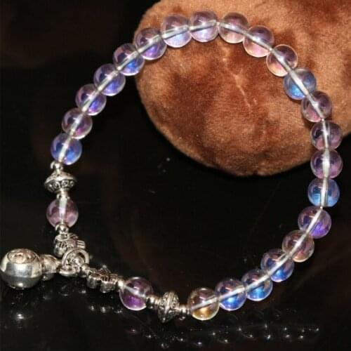 Fashion silver plated gourd pendant 6mm round beads electroplated purple crystal glass bracelets women jewelry 7.5inch B2144