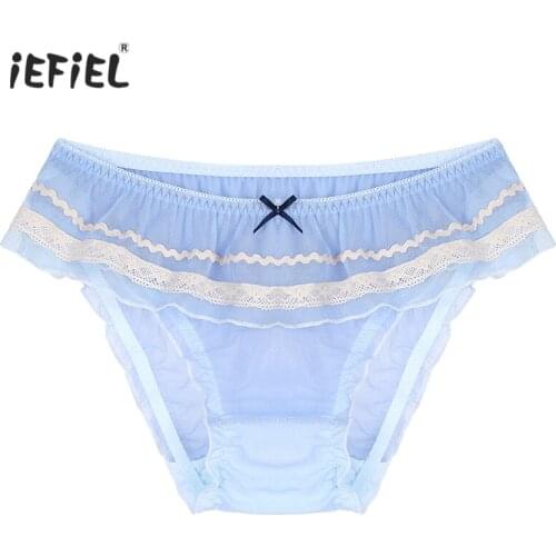 Mans Solid Color Panties Sissy Crossdress Sexy Briefs See-through Mesh Elastic Waistband Ruffle Trim Cute Briefs Gay Underwear