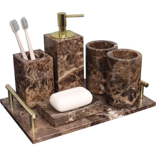 Tuqiu Bathroom Accessories Set Marble Gold Soap Dispenser Tooth Brush Holder Cotton Swab Box Luxury Bathroom Hardware Set