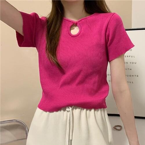 Hollow Out solid knitted t shirt women summer korean casual all-match short sleeve fashion elegant tee shirt female clothing