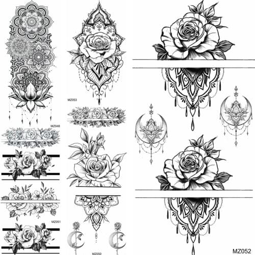 Peony Mandala Lotus Flower Temporary Tattoo Stickers Fake Jewels Bracelet Black Henna Dream Catcher Tattoo Lace Arm Large Tatoo