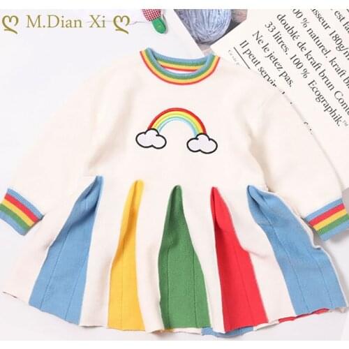 Girls Dress Autumn Winter Girls Rainbow Knitted Dress Sweater Dress Children Baby Princess Birthday Party Kids Dress for Girls