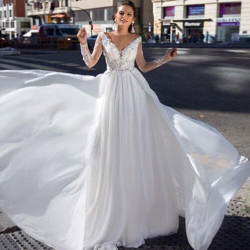 Jiayigong Long Boho A Line Backless Wedding Dress 3D Flowers V Neck Long Sleeves Bride Dress Robe Mariee Princess Wedding Gown
