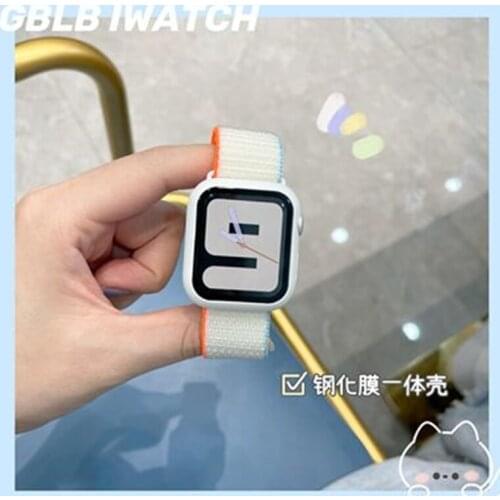 Nylon loop strap for Apple watch band 44mm 40mm 42mm 38mm iwatch series 6 5 4 3 2 1 SE smartwatch strap Glass + Cover case