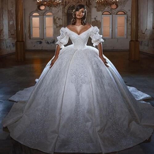 Luxury Beaded Crystals Wedding Dress With Long Train Off The Shoulder Sequin Appliques Bridal Dresses Pretty Wedding Ball Gowns