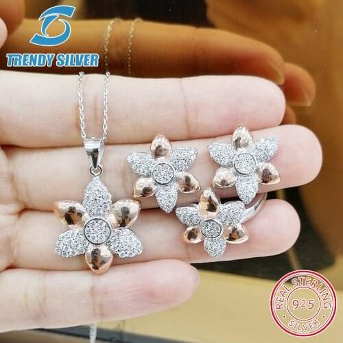 Complete pure 925 sterling silver zirconia clear CZ luxury jewelry set ring earrings for woman pendant necklace trendy design