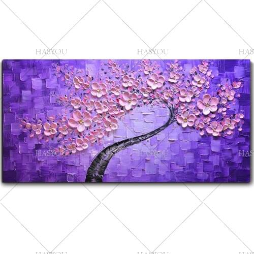 Unframed Pink Wishing Tree Flower Handpainted Textured Palette Knife Abstract Modern Oil Painting Wall Picture For Living Room