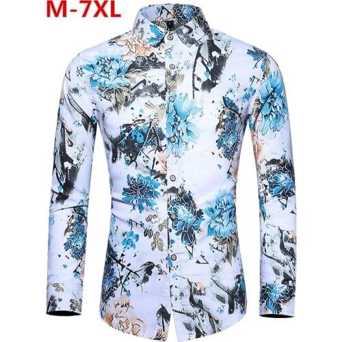 Autumn New Man Vintage Shirt Men National Wind Pattern Print Long Sleeve Shirt Oversized Men Casual Slim Fit Shirts 5XL 6XL 7XL