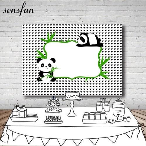 Sensfun Panda Bamboo Baby Shower Backdrop Vinyl 5x7ft Small Black Heart White Backgrounds For Photo Studio Custom Name Date