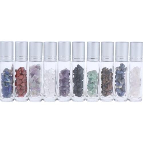 10Pcs Glass Gemstone Roller Balls Bottles w/Chips For Essential Oils Perfume